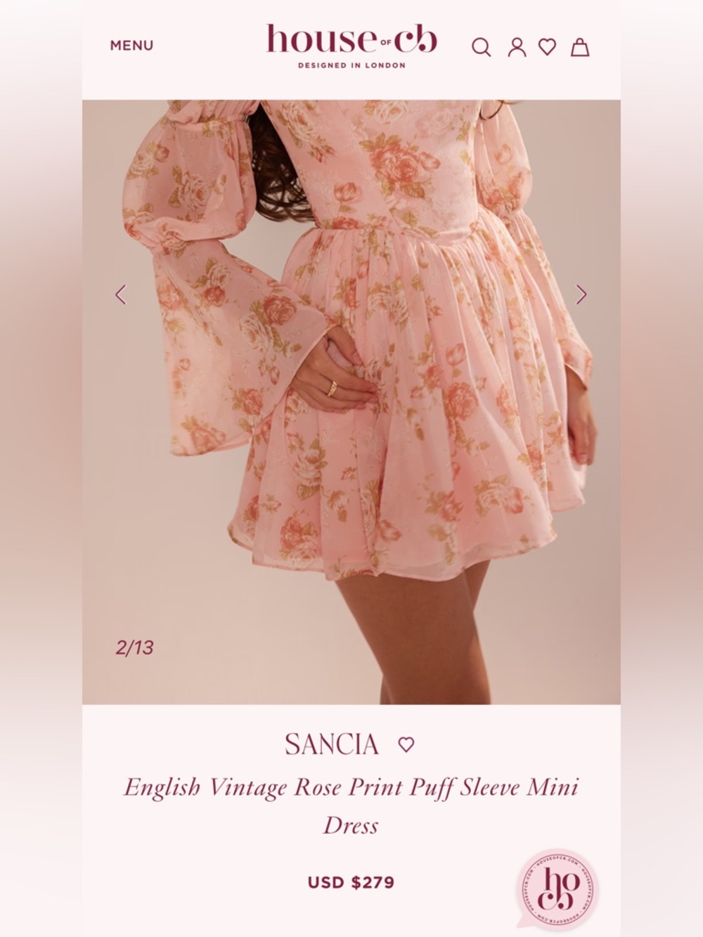 SOLD - House of CB SANCIA English Vintage Rose Print Puff Sleeve Mini Dress - Picture 2 of 11
